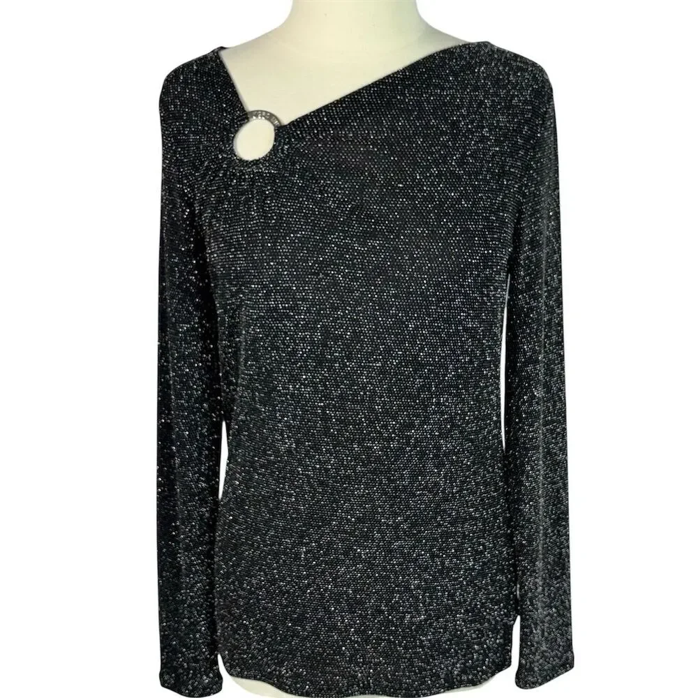 Michael Kors Black Silver Shimmer Metallic Logo O Ring Asymmetric Neckline Top